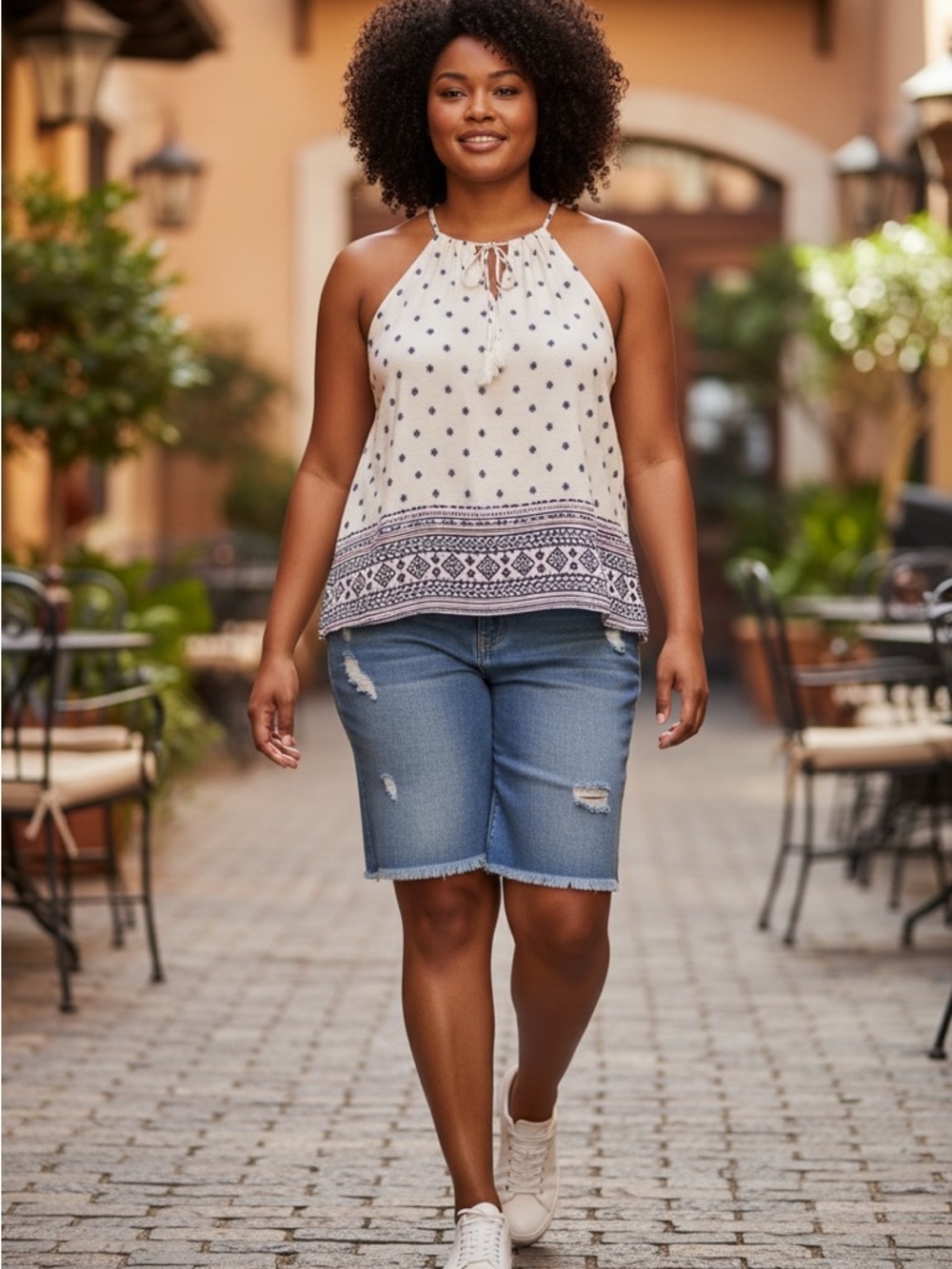 Set-Cream Printed Halter Tank Top Size M + Mid-thigh shorts Blue Denim Size XL